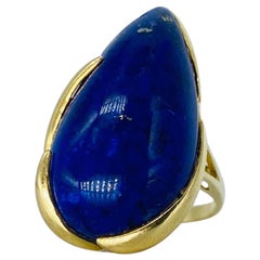 Vintage 22.35 Carat Lapis Lazuli Cabochon Pear Cut Cocktail Ring 14k Gold