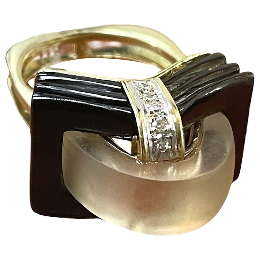 Vintage Quartz, Diamond, and Onyx Cocktail Ring - 14K Yellow Gold For Sale