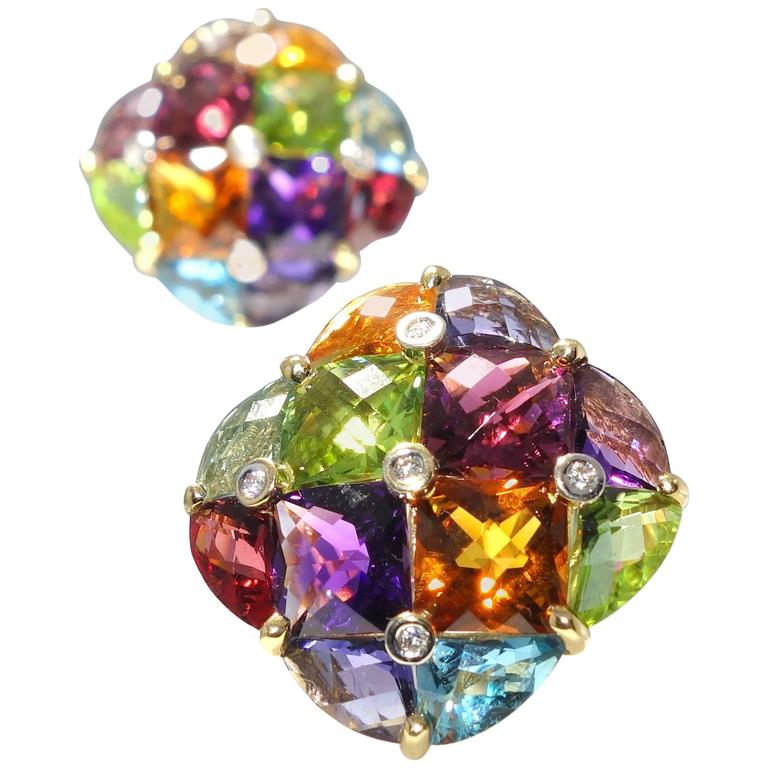 Multicolor Gem Diamond Gold Earrings For Sale at 1stDibs