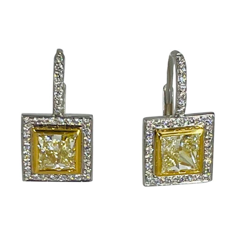 J. Birnbach Ausgefallene gelbe Diamant-Ohrringe mit Prinzessinnenschliff und Halo