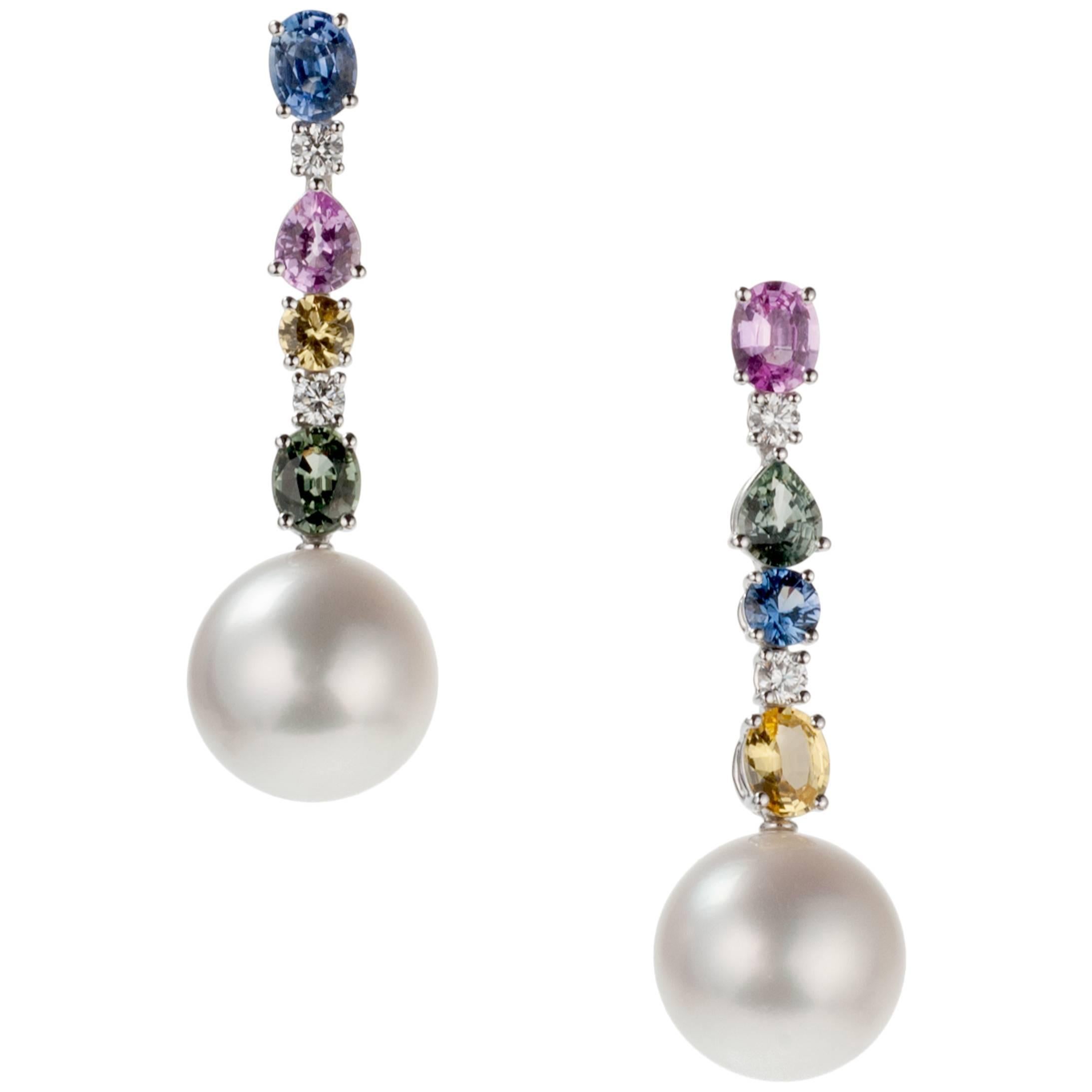 Schoeffel Pearl Multicolored Sapphire Gold Earrings For Sale
