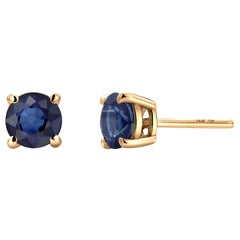 Matched Pair Round Sapphire 1.75 Carat Yellow Gold 0.23 Inch Stud Earrings