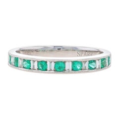 White Gold Emerald & Diamond Wedding Band -18k Rnd .64ctw Milgrain Ring Sz 6 1/2
