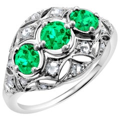 Vintage Emeralds Rose Cut Diamond 1.40 Carat Openwork Platinum Gold Cluster Ring