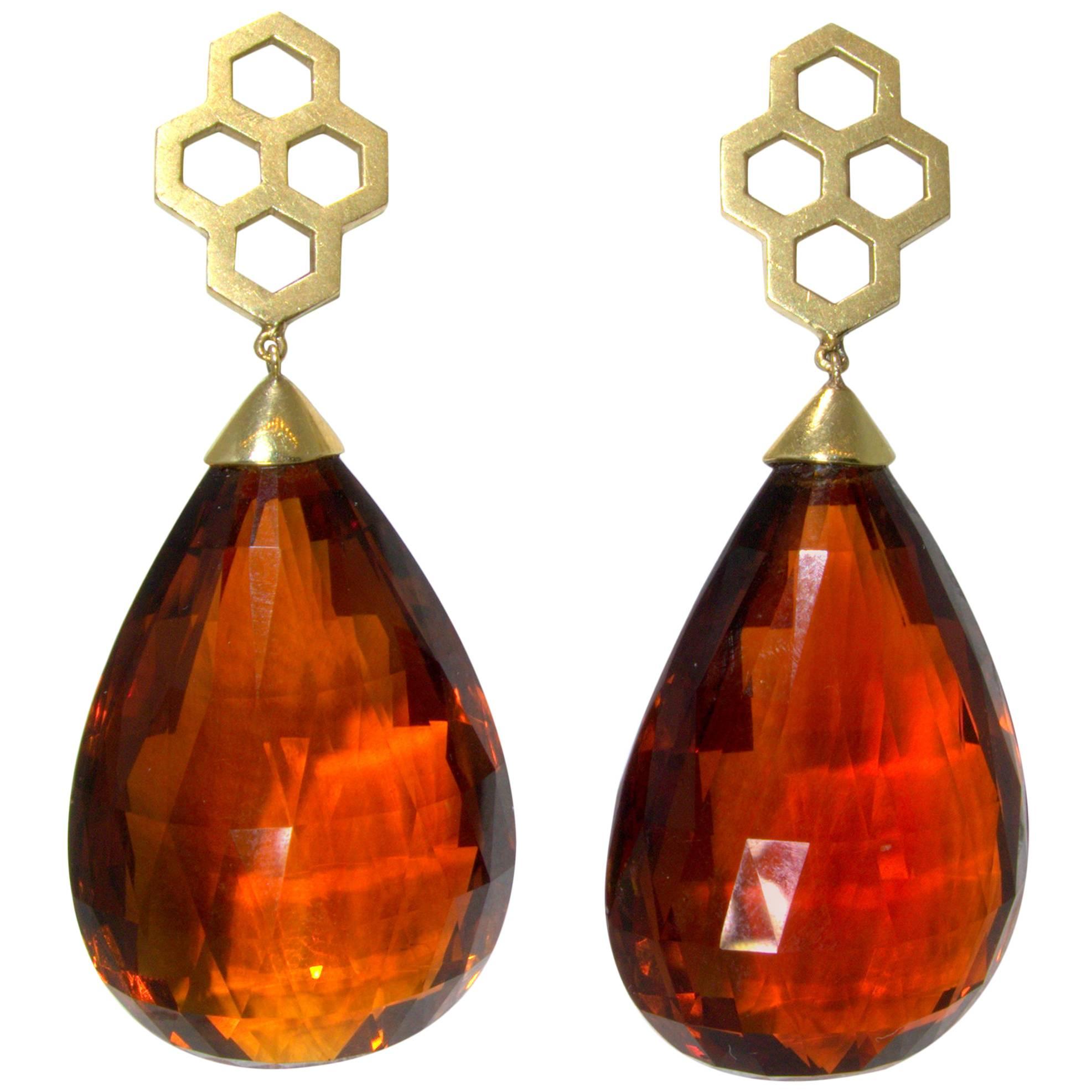 Madeira Citrine Briolette Gold Drop Earrings