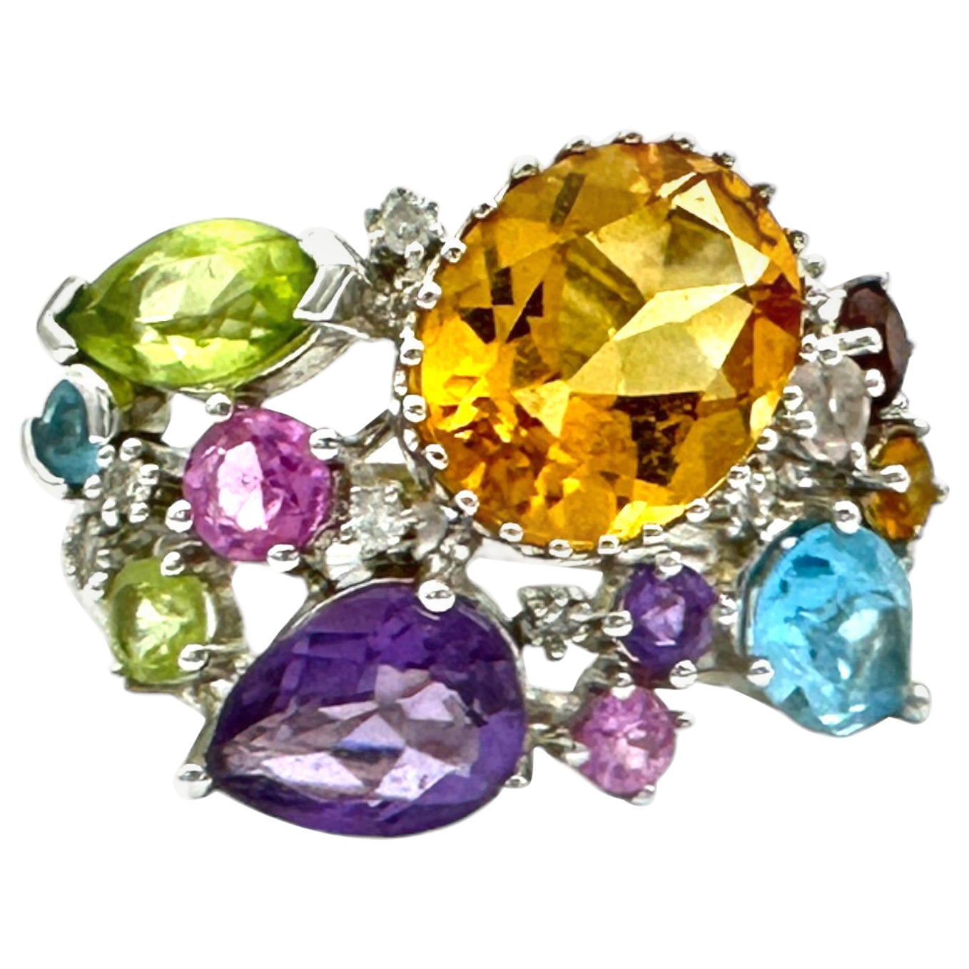 4.50 CTW Colored Gemstone Confetti Ring 14 Karat White Gold For Sale