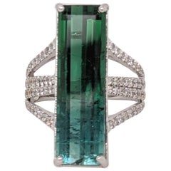 8.97ct Bi-Color Tourmaline Ring w Diamond Accents in 14K Gold Emerald Cut 25x8mm