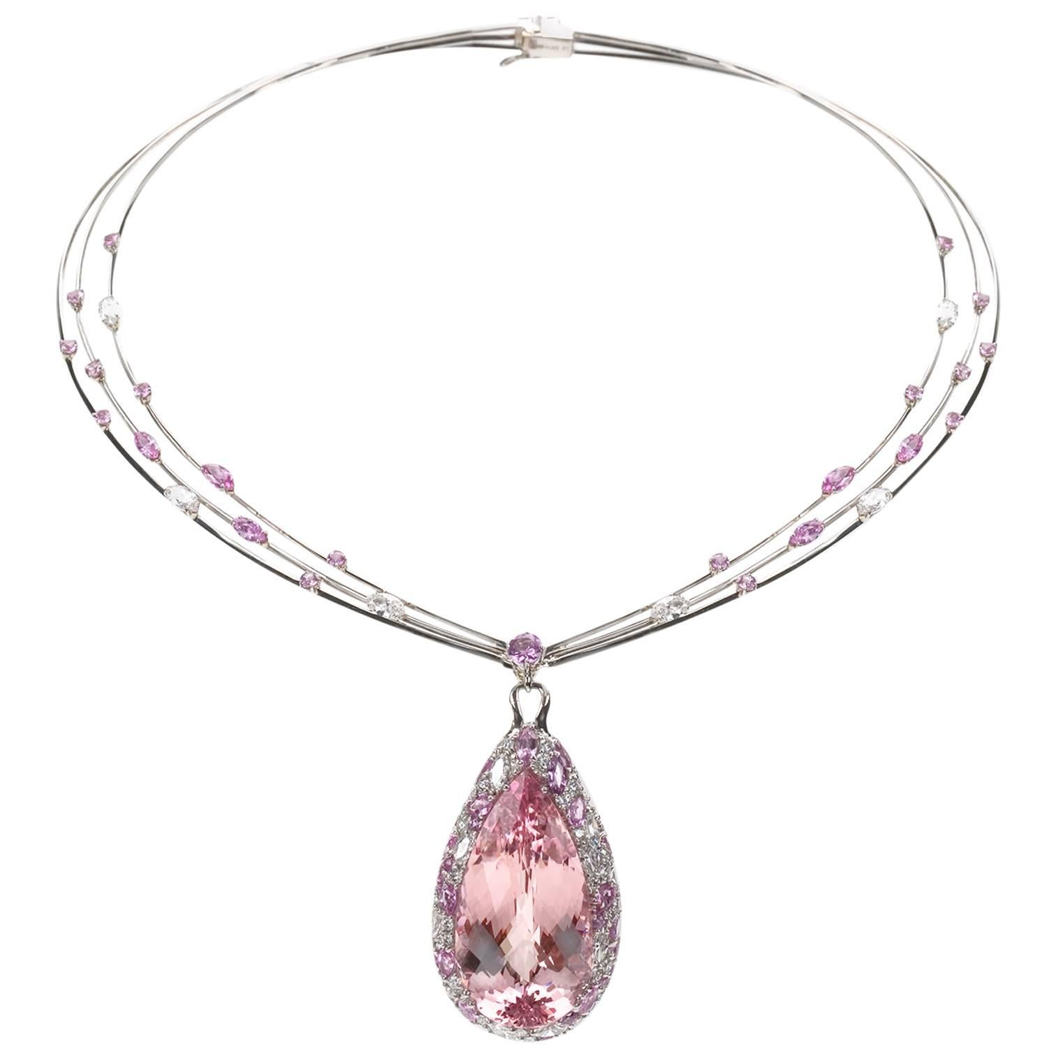 a "Samuel Getz" Pear Shape Morganite, Diamond, Pink Sapphire & Platinum Pendant  For Sale