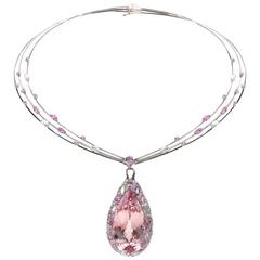 a "Samuel Getz" Pear Shape Morganite, Diamond, Pink Sapphire & Platinum Pendant 