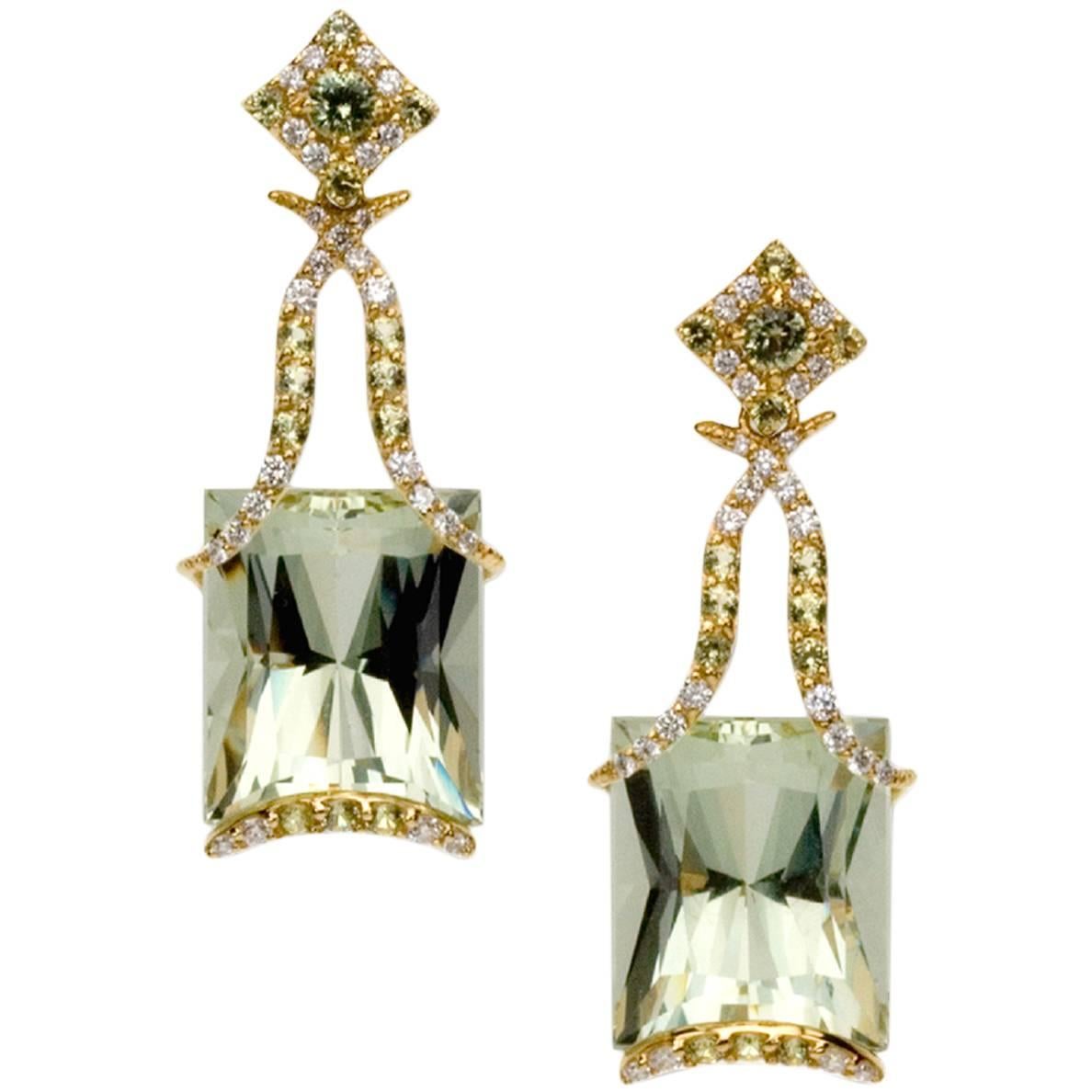 "Samuel Getz" 18 Kt Gold, Heliodor Beryl, Garnet and Diamond Drop Ear Clips For Sale