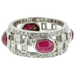 Art Deco Cabochon Ruby Diamond Platinum Wide Band Ring