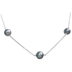 $1 No Reserve! -  Black Tahiti Pearls, 14 Karat White Gold Station Necklace