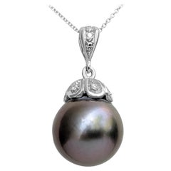 $1 NO RESERVE! - Aubergine Pearl & 0.08ct Diamonds 14k White Gold Necklace