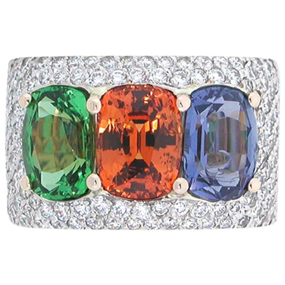 A "Samuel Getz" Blue Sapphire, Mandarin Garnet, Tsavorite & Pavé Dia Ring For Sale