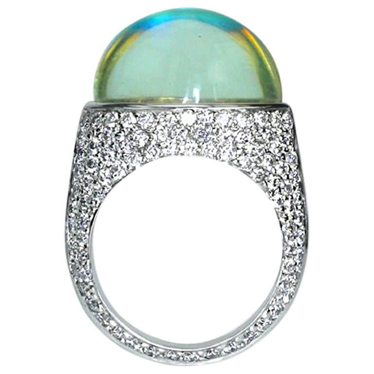 Samuel Getz Very Fine and Unique Rainbow Moonstone Pavé Diamond Ring For Sale