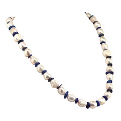 AJD Freshwater Pearl Necklace with Lapis Lazuli June Birthstone