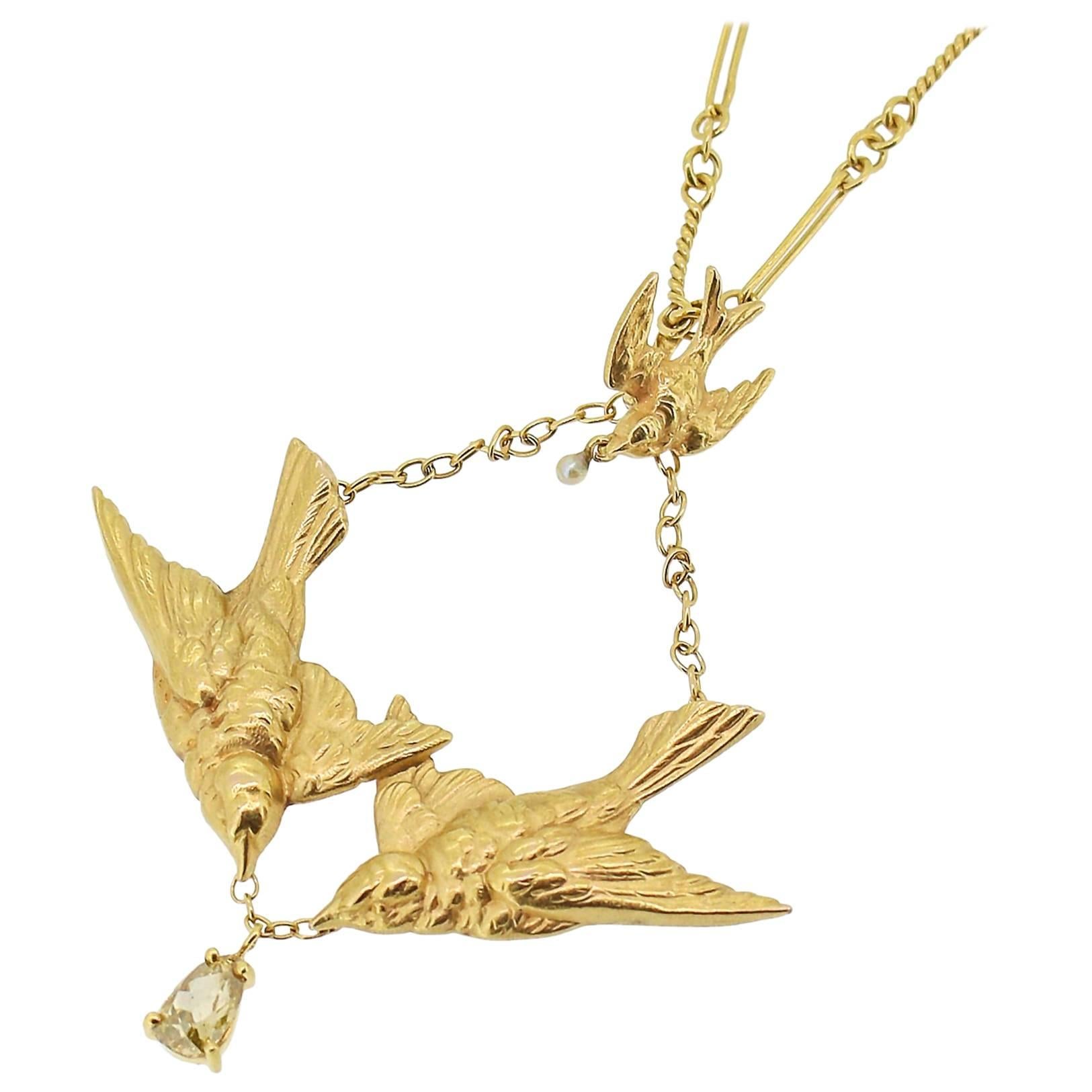 Art Nouveau 14k Yellow Gold Swallow Motif Lavalier Style Necklace