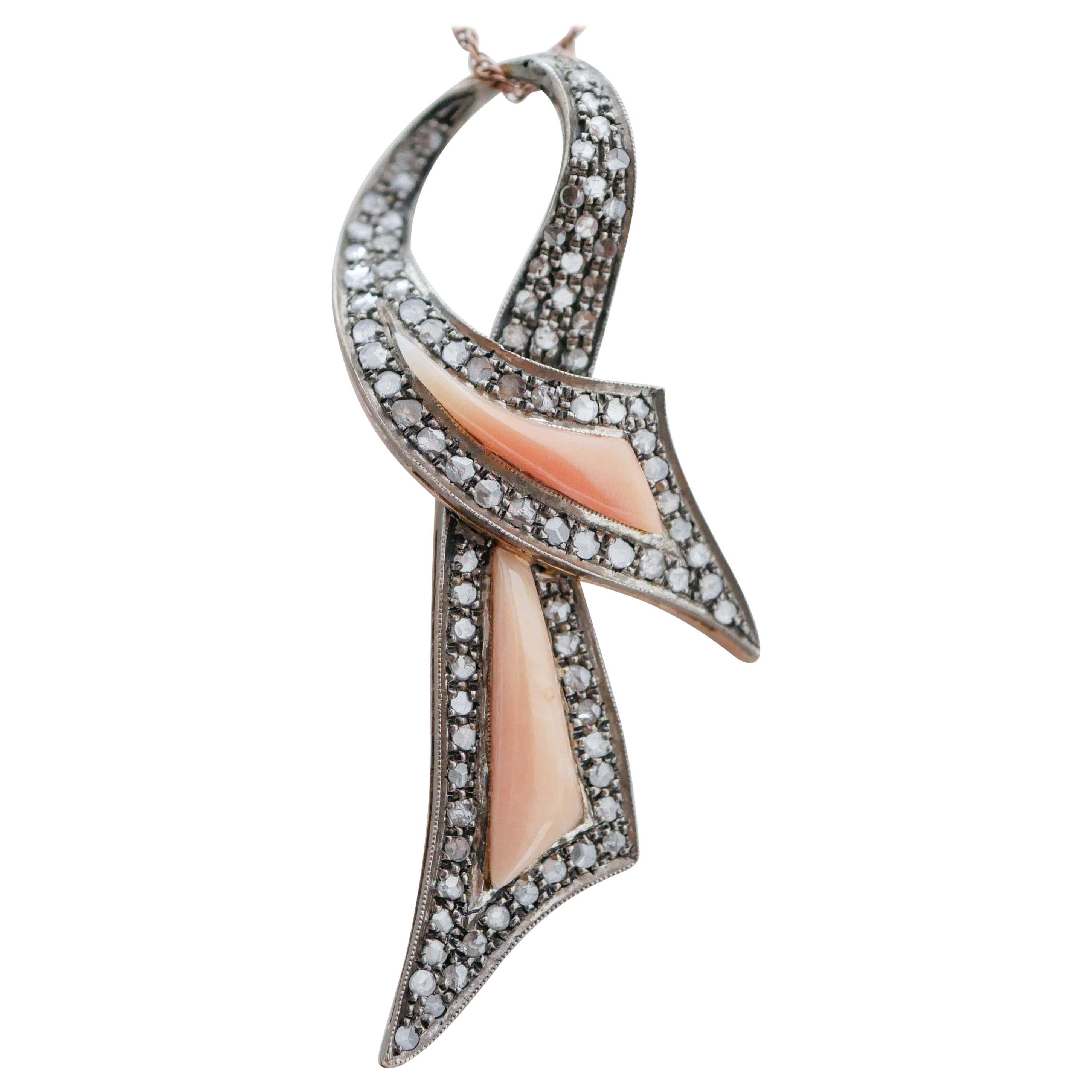 Coral, Diamonds, 14 Karat Rose Gold and Silver Pendant Necklace.