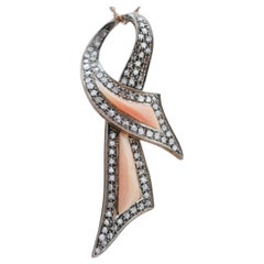 Retro Coral, Diamonds, 14 Karat Rose Gold and Silver Pendant Necklace.