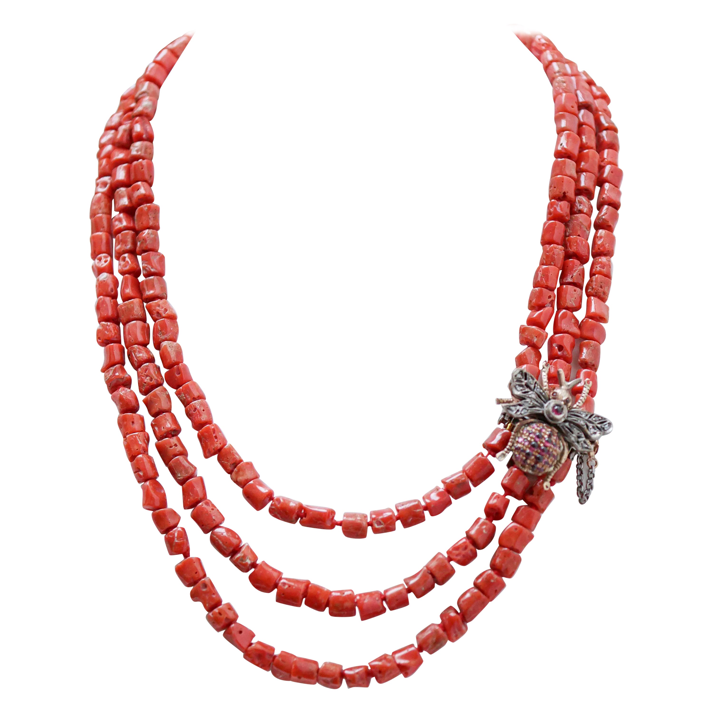 Coral, Garnets, Diamonds, Rose Gold and Silver Multi-Strand Necklace. For Sale