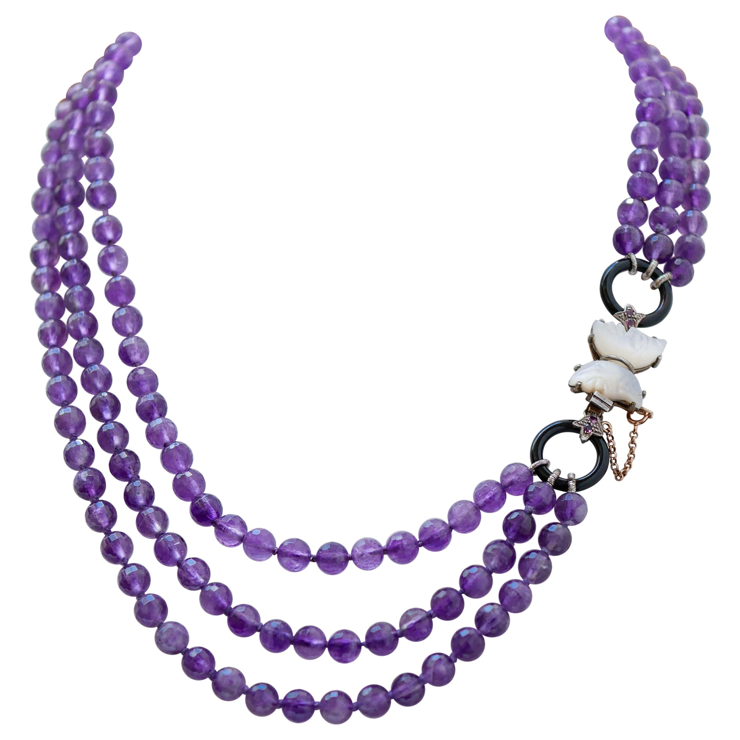 Amethysts, White Stones, Rubies, Onyx, Rose Gold and Silver Retrò Necklace For Sale