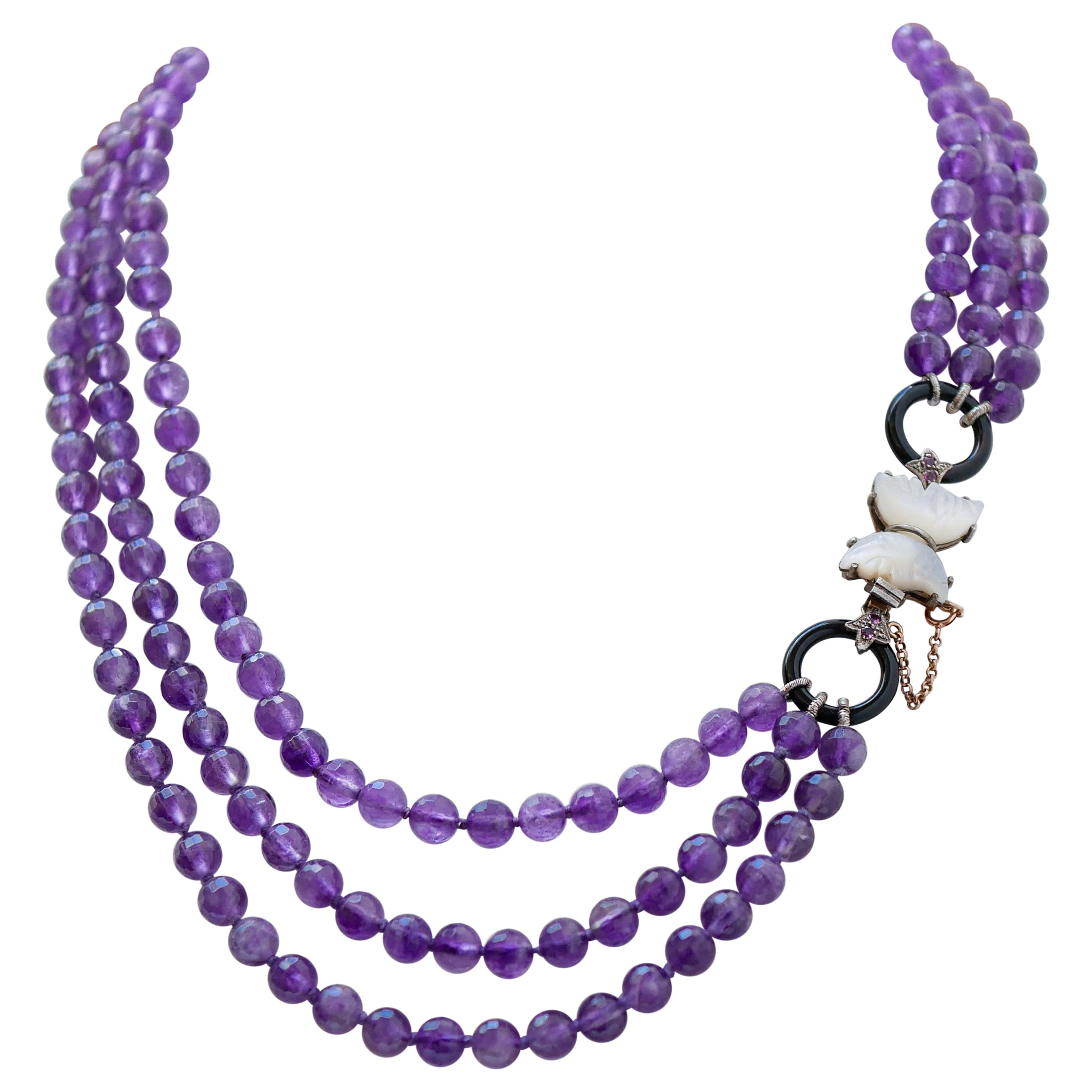 Amatistas, Piedras Blancas, Rubíes, Ónix, Oro Rosa y Plata Collar Retrò