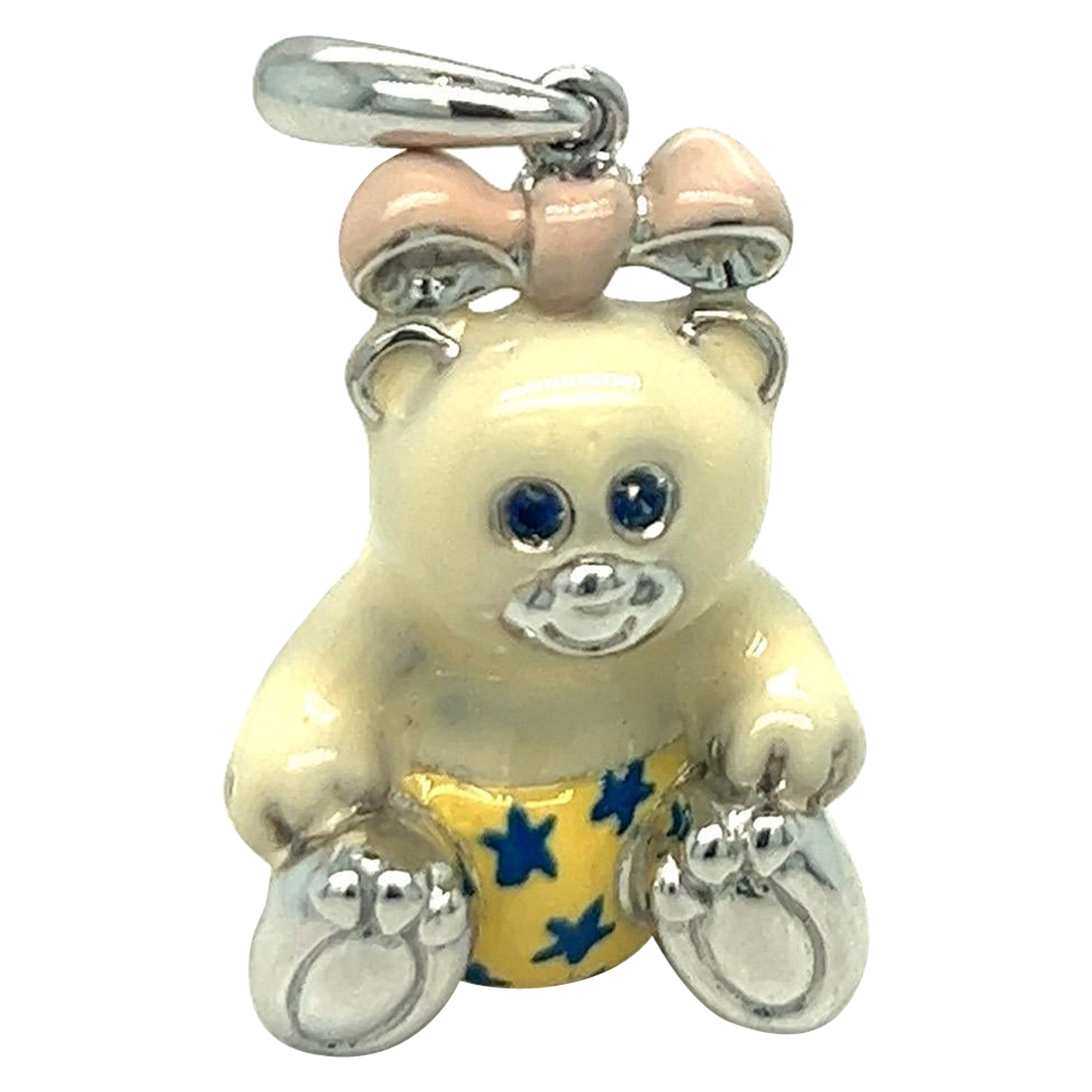 Cellini Exclusive 18KT White Gold and Enamel Teddy Bear Charm For Sale