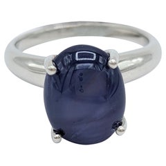 Blue Sapphire Oval Cabochon Solitaire Ring in Platinum