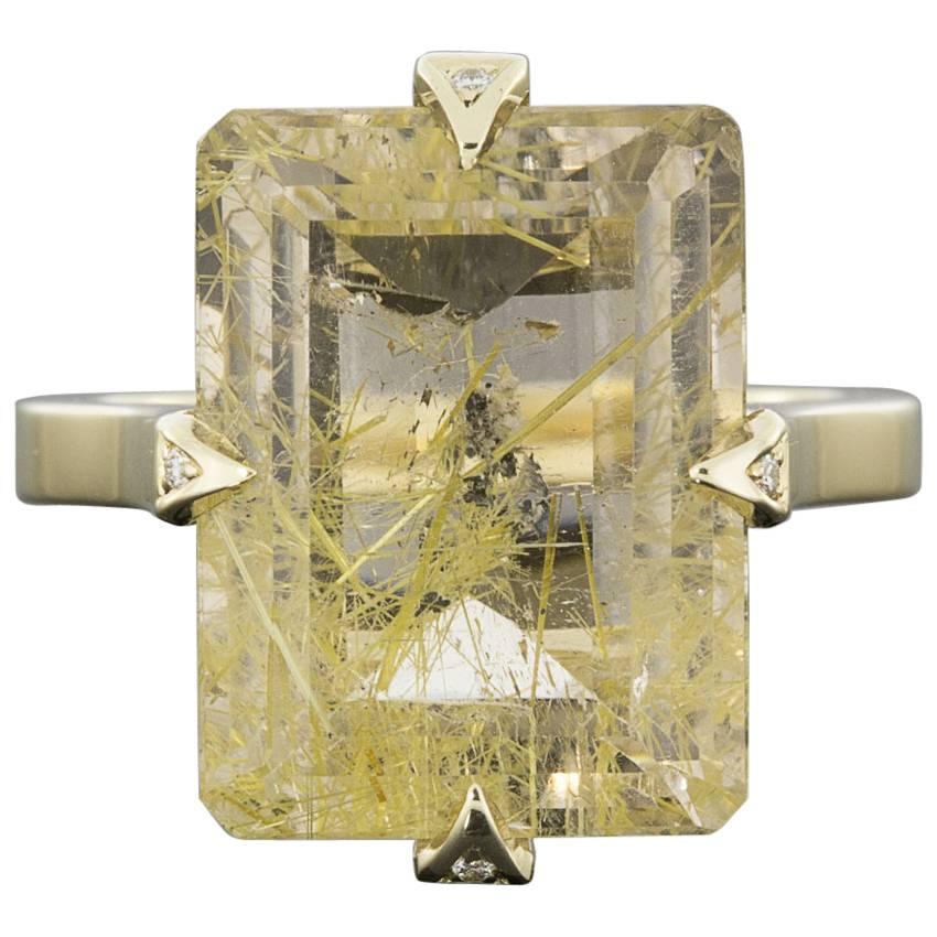 Custom One-of-a-Kind Yellow Gold Certified Rutilated Quartz & Diamond Ring