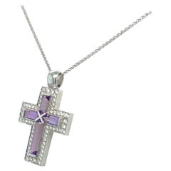 18 KT White Gold Cross Pendant Diamond 0.63 Cts. and Amethyst 1.00 cts.