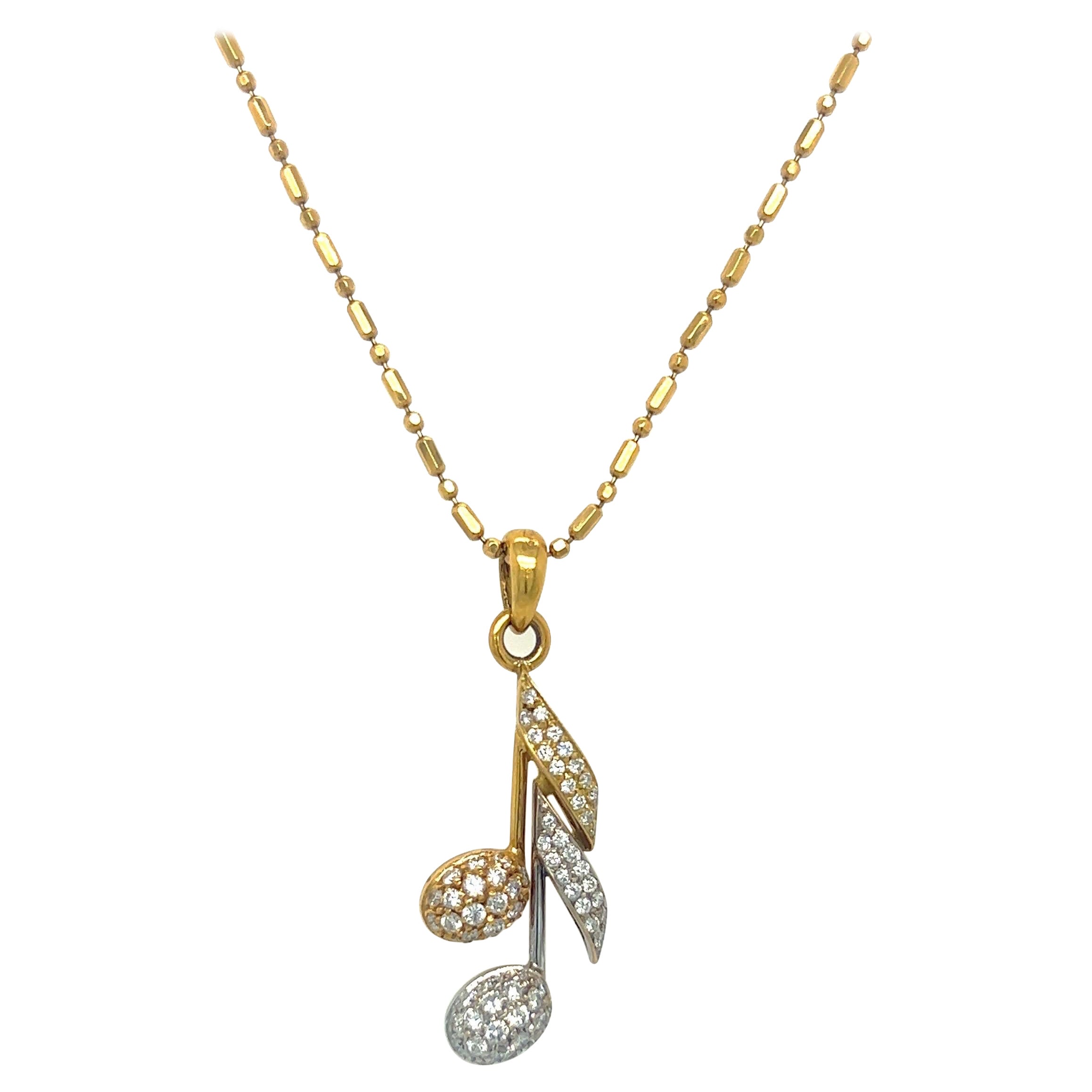 18KT Yellow /White Gold Pave' Diamond 0.88 Cts Musical Note Pendant For Sale