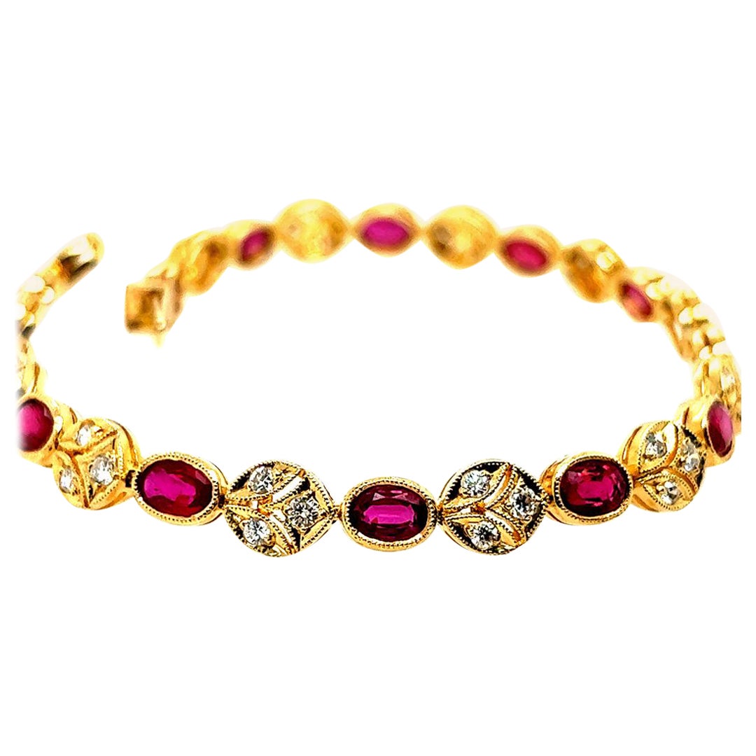 Retro Gold 5.46 Carat Natural Red Oval Ruby & Round Diamond Bracelet Circa 1980 For Sale
