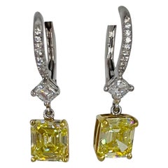 J. Birnbach GIA Fancy Intense Yellow Asscher Cut Diamond Drop Earrings