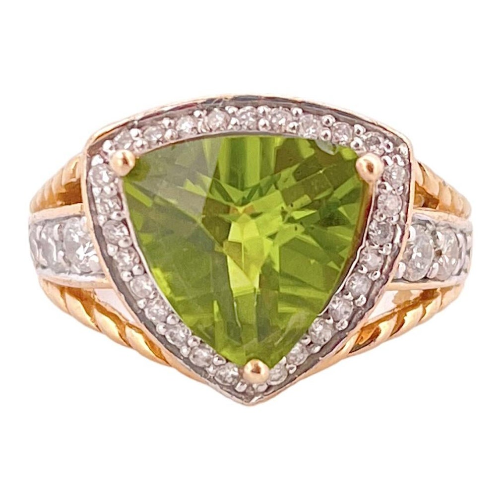 LeVian Trillion Peridot Ring with Diamond Accents - 14K Yellow Gold For Sale