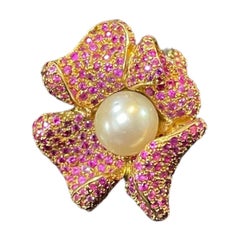 Vintage Ruby Pearl Flower Ring- 18K Yellow Gold