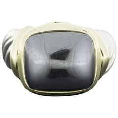 David Yurman Silver and Gold Large Cushion Hematite Noblesse Cable Bezel Ring