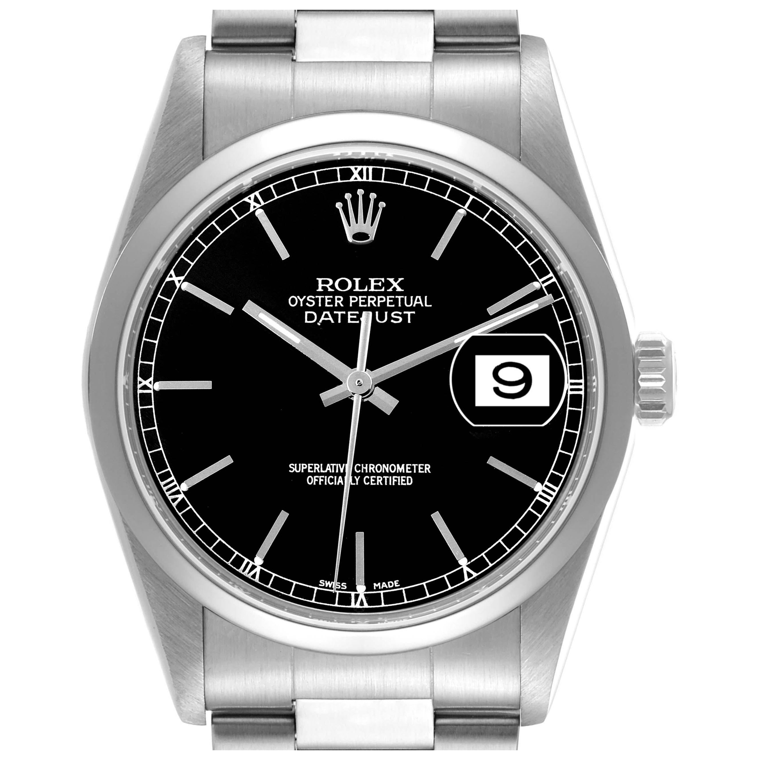 Rolex Datejust 36mm Black Dial Smooth Bezel Steel Mens Watch 16200