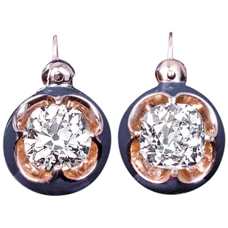 Antique Solitaire 1 Carat Diamond Blue Enamel Earrings at 1stDibs