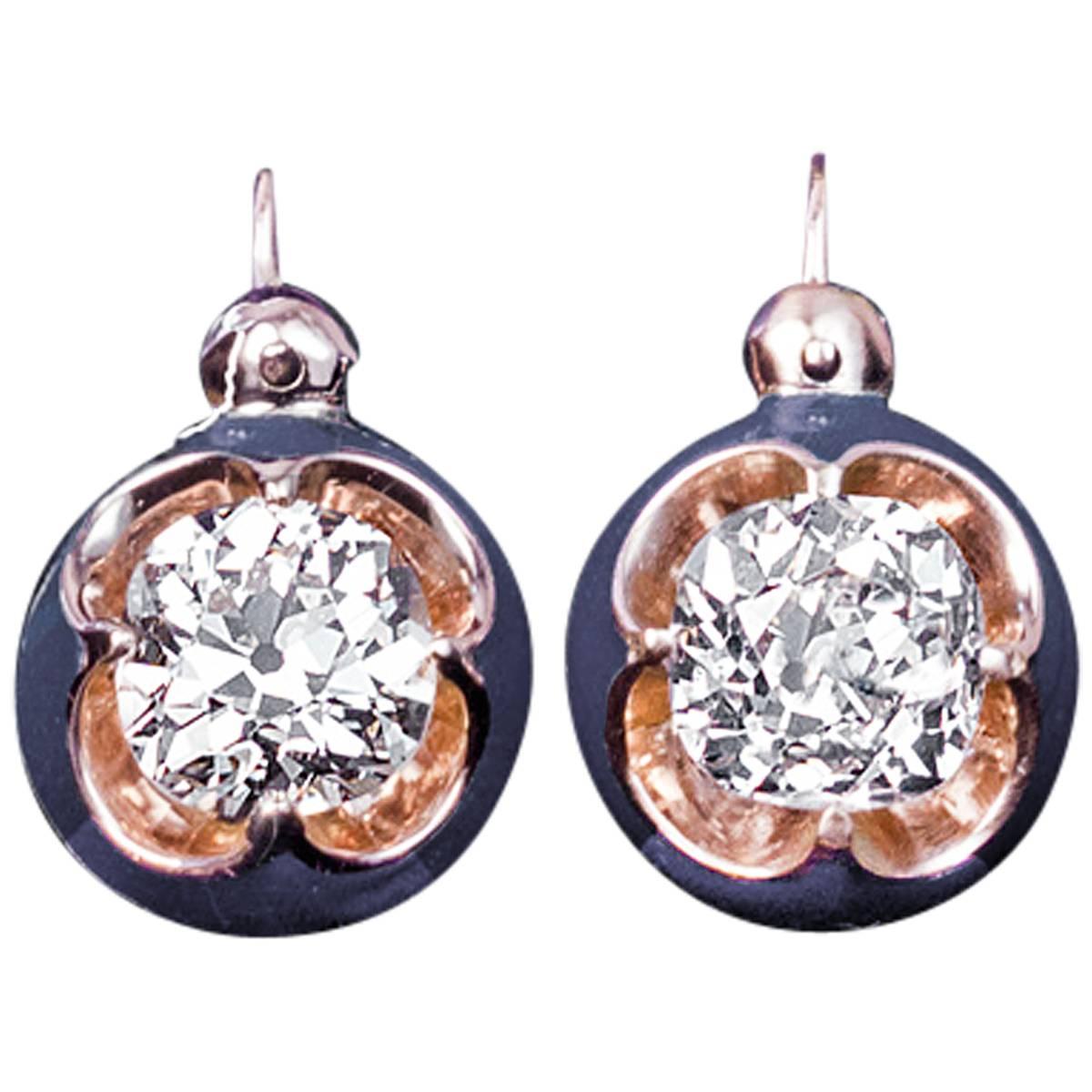 Antique Solitaire 1 Carat Diamond Blue Enamel Earrings