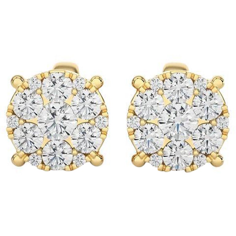 Moonlight Round Cluster Stud Earrings: 0.7 Carat Diamonds in 18k Yellow Gold For Sale