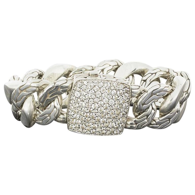 John Hardy Silver Wide Curb Link Bracelet with Pave Cubic Zirconia ...