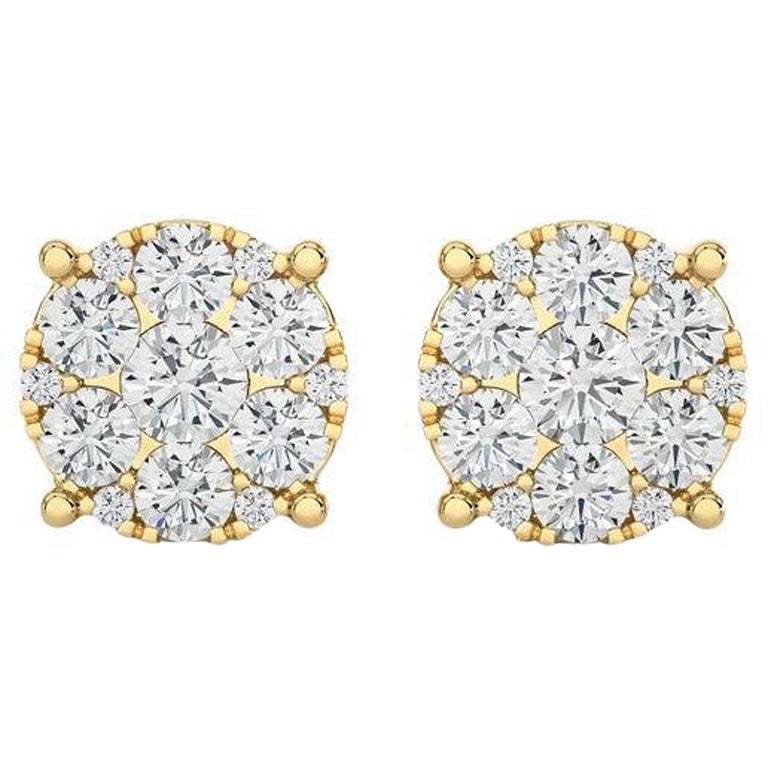 Moonlight Round Cluster Stud Earrings: 1 Carat Diamonds in 18k Yellow Gold For Sale