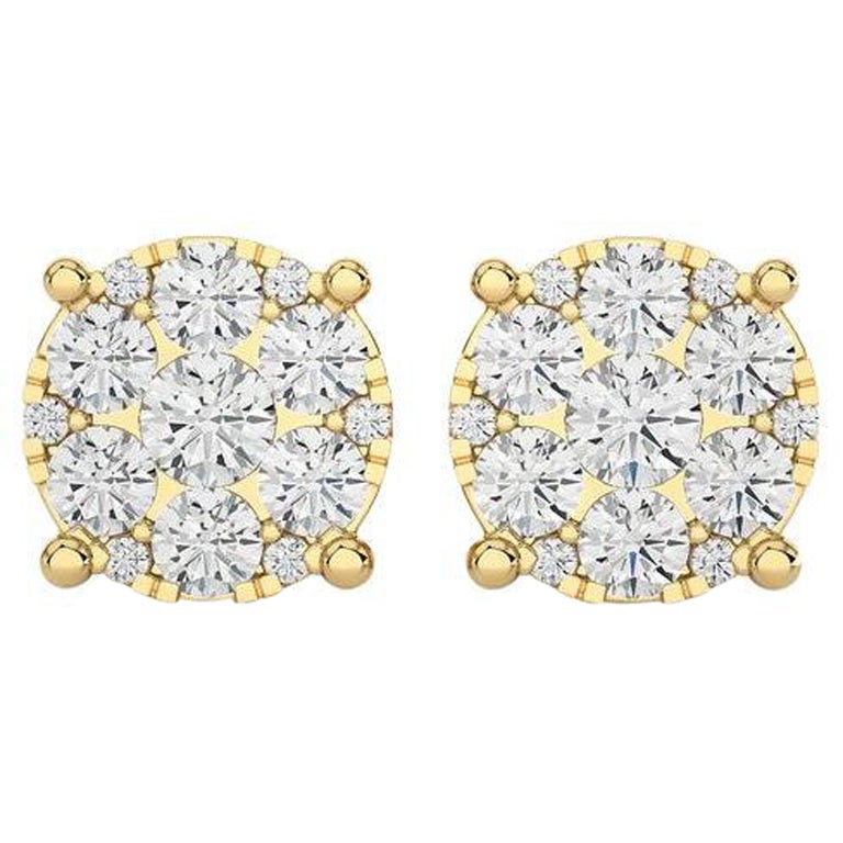 Moonlight Round Cluster Stud Earrings: 1.3 Carat Diamonds in 18k Yellow Gold For Sale