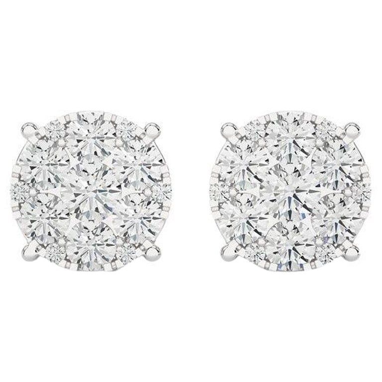 Moonlight Round Cluster Stud Earrings: 1.9 Carat Diamonds in 18k White Gold For Sale