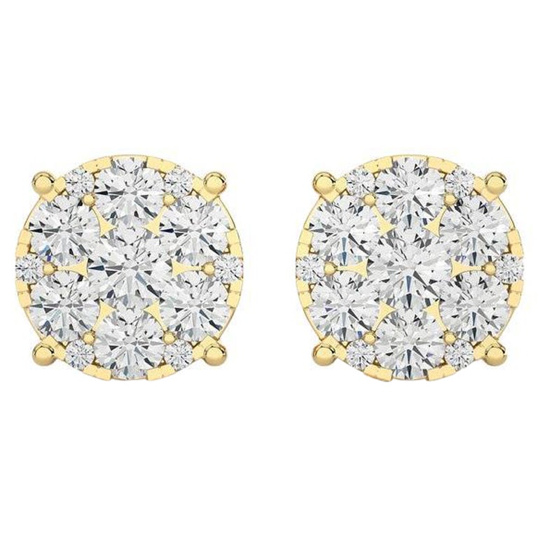 Moonlight Round Cluster Stud Earrings: 2.3 Carat Diamonds in 18k Yellow Gold For Sale