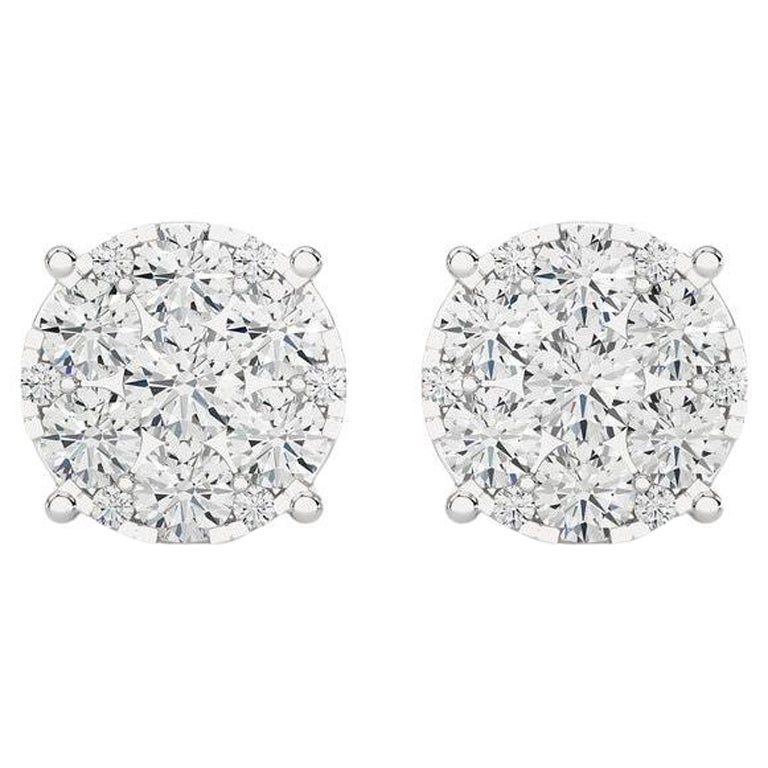 Moonlight Round Cluster Stud Earrings: 2.3 Carat Diamonds in 18k White Gold For Sale