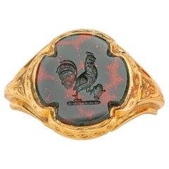 Ancienne bague de Signet en or 18 carats, pierre de sang et sceau rose victorienne 