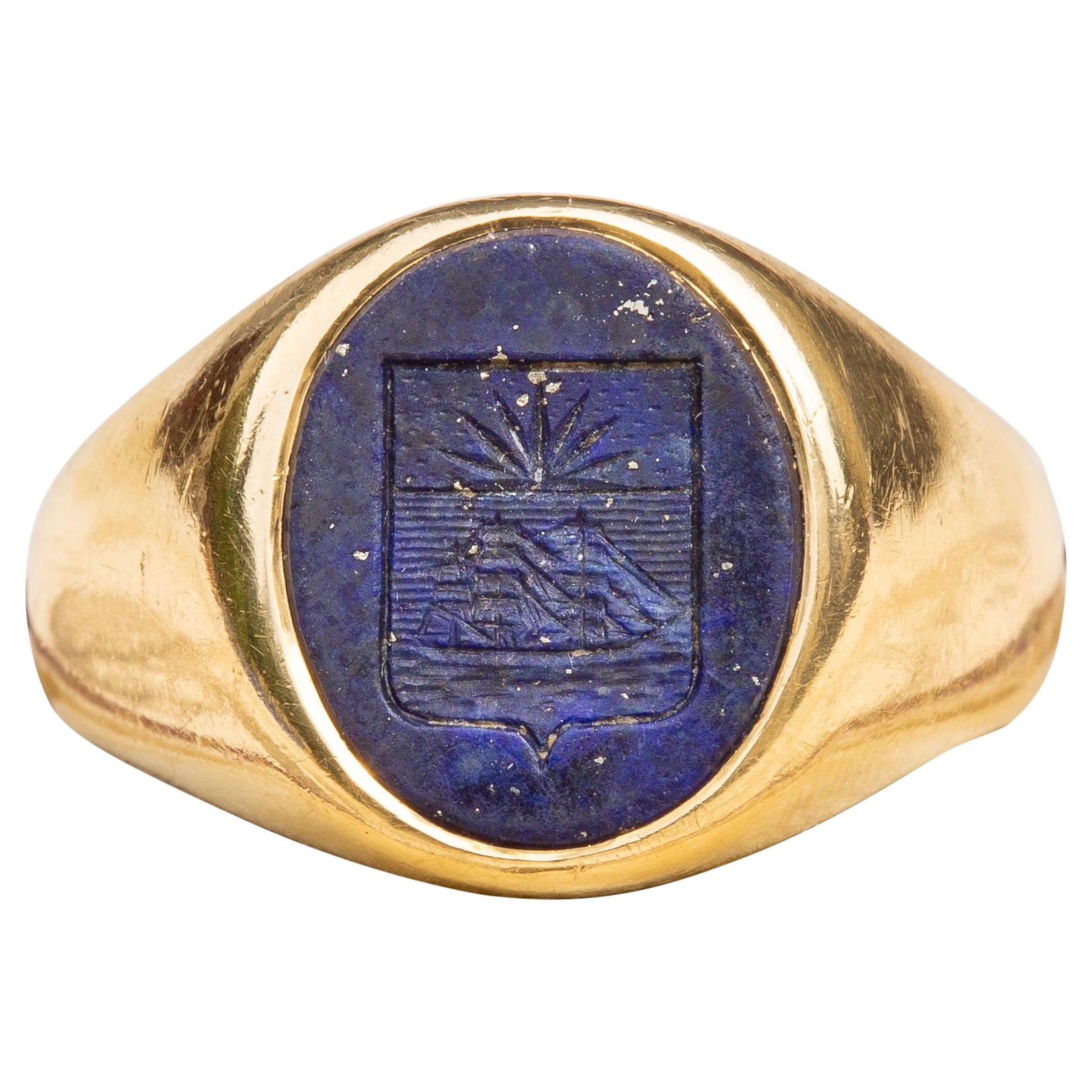 Antique French Coat of Arms Lapis Lazuli Intaglio Signet Ring Victorian