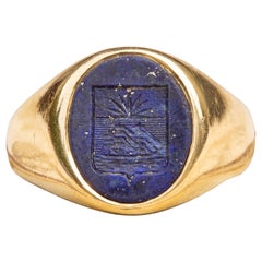 Antique French Coat of Arms Lapis Lazuli Intaglio Signet Ring Victorian