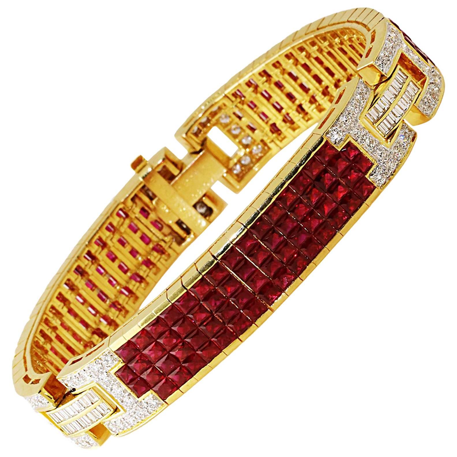 21 Carat Invisible Set Ruby Diamond Gold Bracelet